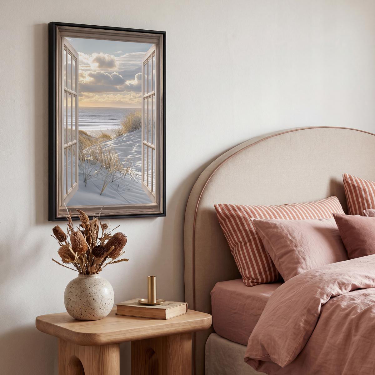 LEINWAND Bilder mit Rahmen - Ausblick - Strand - Dünen - Meer - Natur - 40x60 - Sandfarben, Textil (40/60cm) - MuchoWow