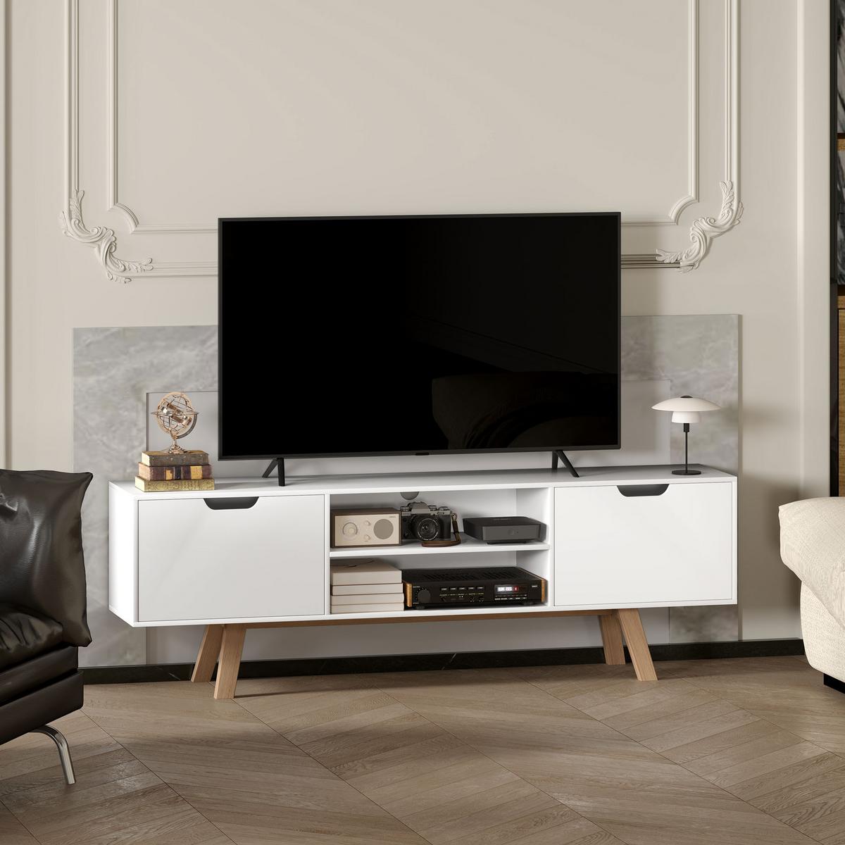 TV-SCHRANK, Fernsehtisch für Fernseher bis zu 65 Zoll, Lowboard mit 2 Schränken - Weiß/Naturfarben, Holz/Holzwerkstoff (39/50/150cm) - HOMCOM