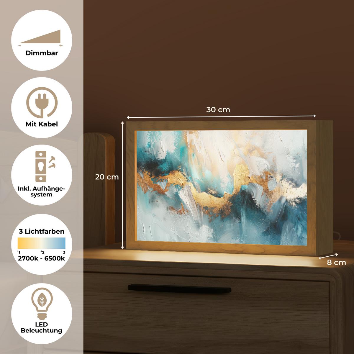 WANDLEUCHTE Abstrakt - Kunst - Gold - Blau 30x20 cm - Türkis, Holzwerkstoff (30/20/8cm) - OnlyWow