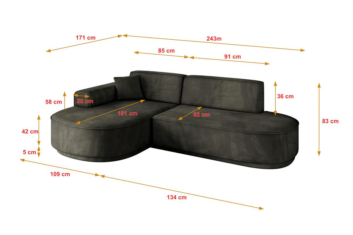 ECKSOFA Ottomane Links MARI-L1-v3 - 243x171x83 cm Schwarz Velours - Schwarz, Holzwerkstoff/Kunststoff (243/171cm) - ALTDECOR