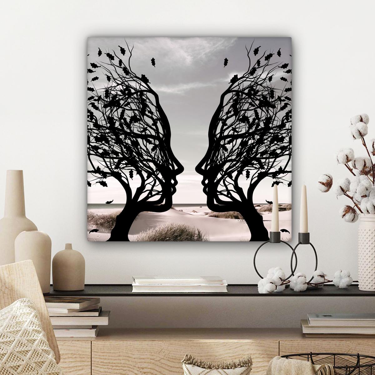 LEINWANDBILD Strand - Meer - Menschen - Baum - Moderne Kunst Wandbild Wohnzimmer 50x50 cm - Hellgrau, Textil (50/50cm) - MuchoWow