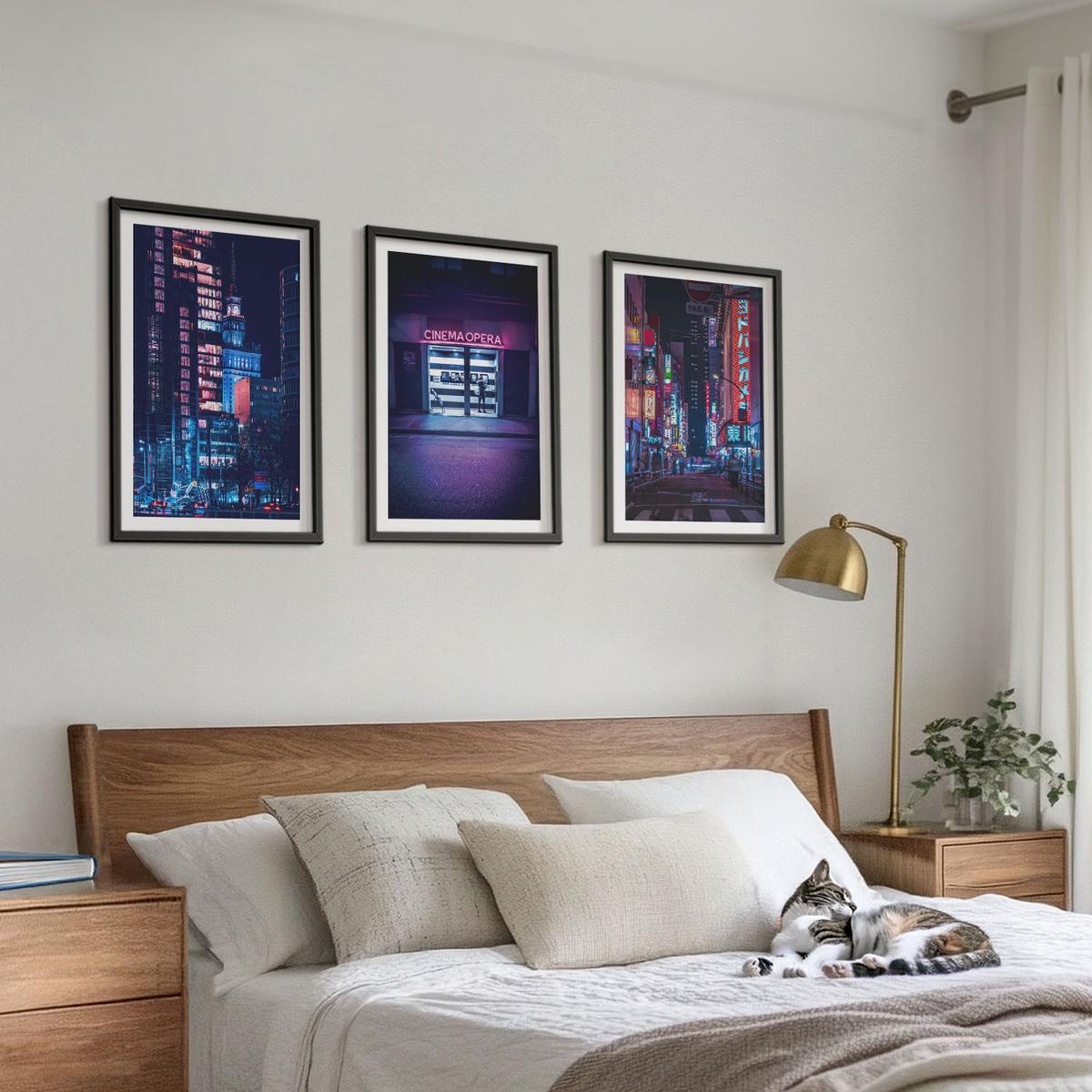 BILDER SET 3er Set - 40x60 cm Schwarzer Rahmen - Neon-Eingang zur nächtlichen Stadt - Schwarz, Kunststoff (40/60cm) - TULUP