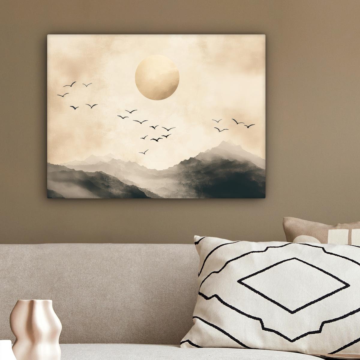 LEINWANDBILD Landschaft - Japandi - Vogel Wandbild 40x30 cm - Beige, Textil (40/30cm) - MuchoWow