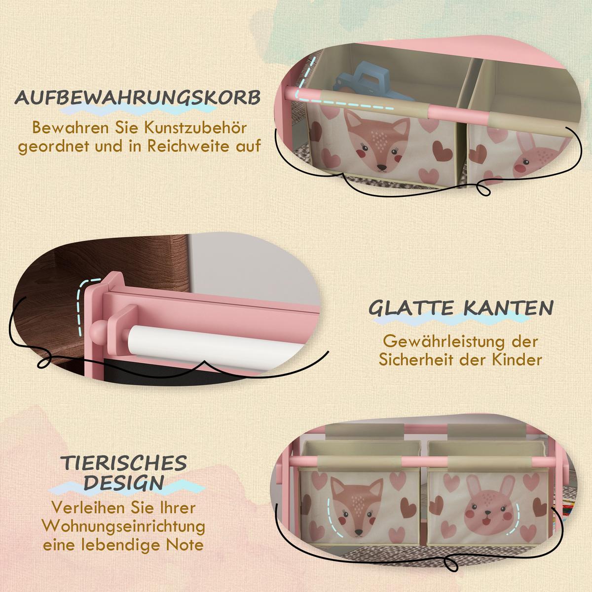 KINDERTAFEL, 3 in 1 Kinder Staffelei, Doppelseitige Standtafel mit Papierrolle - Rosa, Holzwerkstoff (46.5/93/54cm) - AIYAPLAY