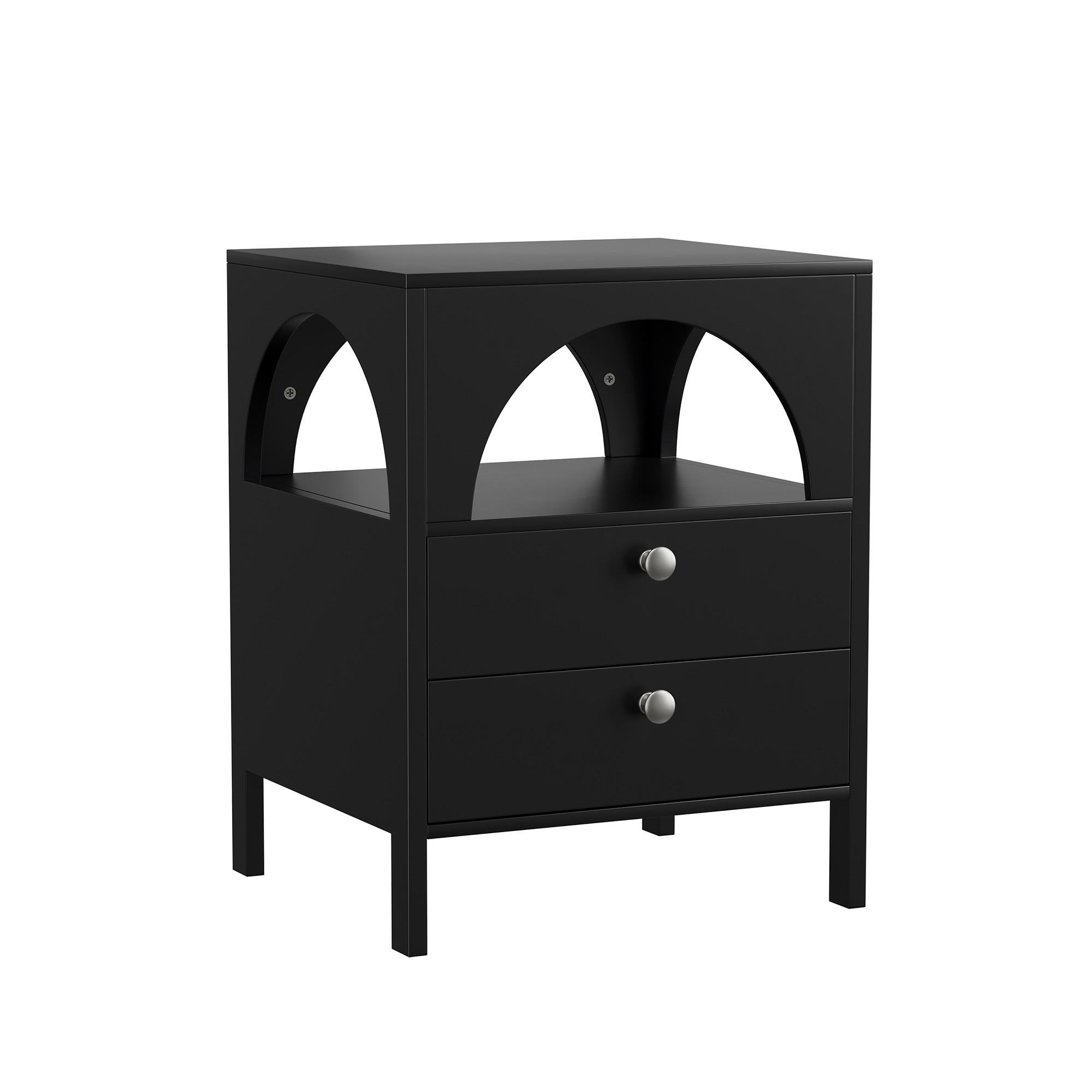 NACHTTISCH Schwarz 45 cm – Nachtkonsole mit 2 Schubladen & offenem Fach - Schwarz, Holzwerkstoff (45/58/40cm) - Urban Meuble