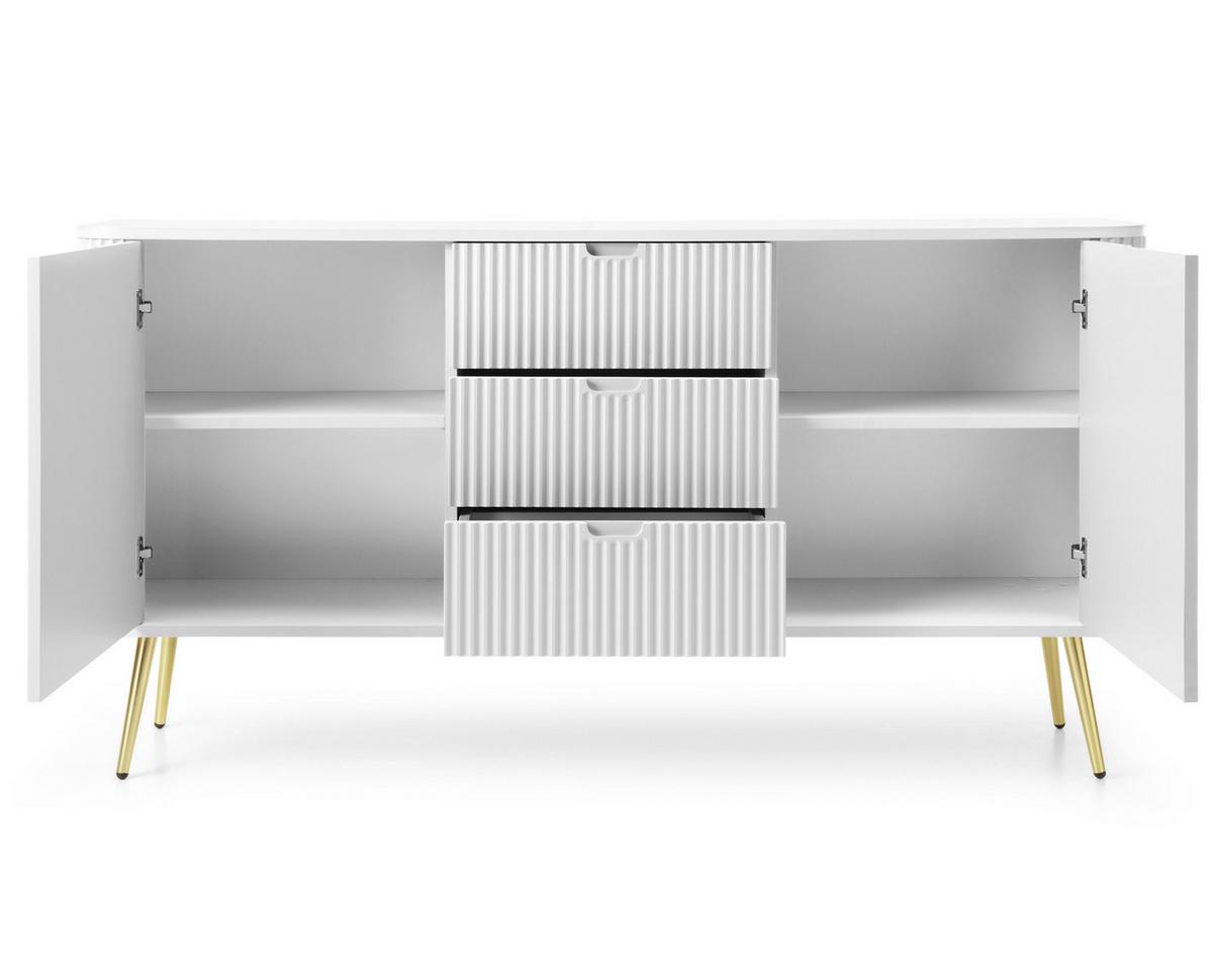 SIDEBOARD Salvia 2T 3S Weiß, Gold 168/87/39 cm – mit geriffelten Fronten und hohen Beinen - Goldfarben/Weiß, Holzwerkstoff/Metall (168/87/39cm) - AX Living