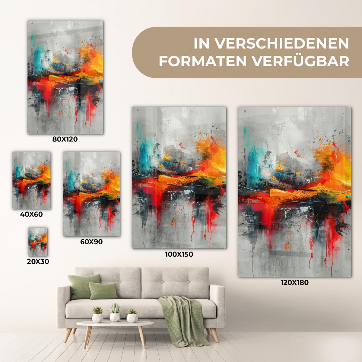 ACRYLGLASBILD Moderne Kunst - Orange - Grau - Abstrakt 80x120 cm - Hellgrau, Glas (80/120cm) - MuchoWow