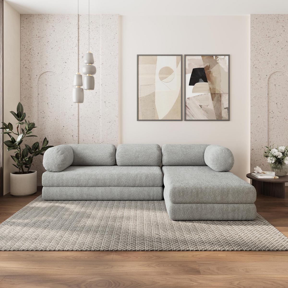 ECKSOFA KELI modulares Boneless Sofa mit Schlaffunktion Hellgrau Boucle-Stoff - Hellgrau, Textil (270/160cm) - MASSENO