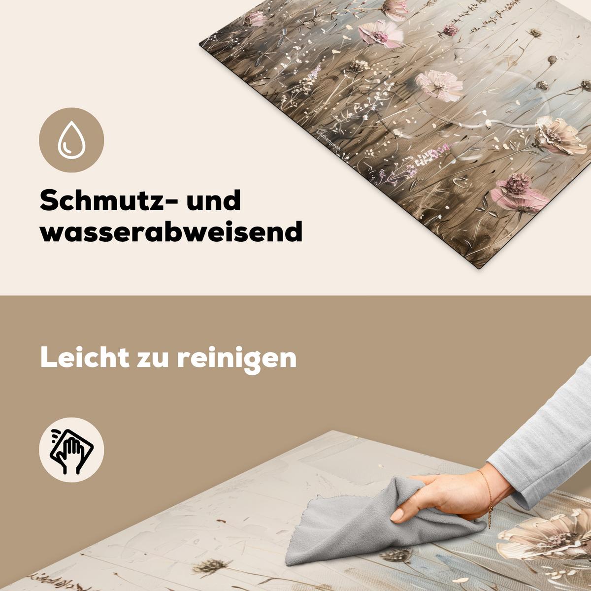 HERDABDECKPLATTE Blumen - Beige - Trockenblumen Herdabdeckung Induktionsfeld 70x52 cm - Beige, Kunststoff (70/52/0.2cm) - MuchoWow