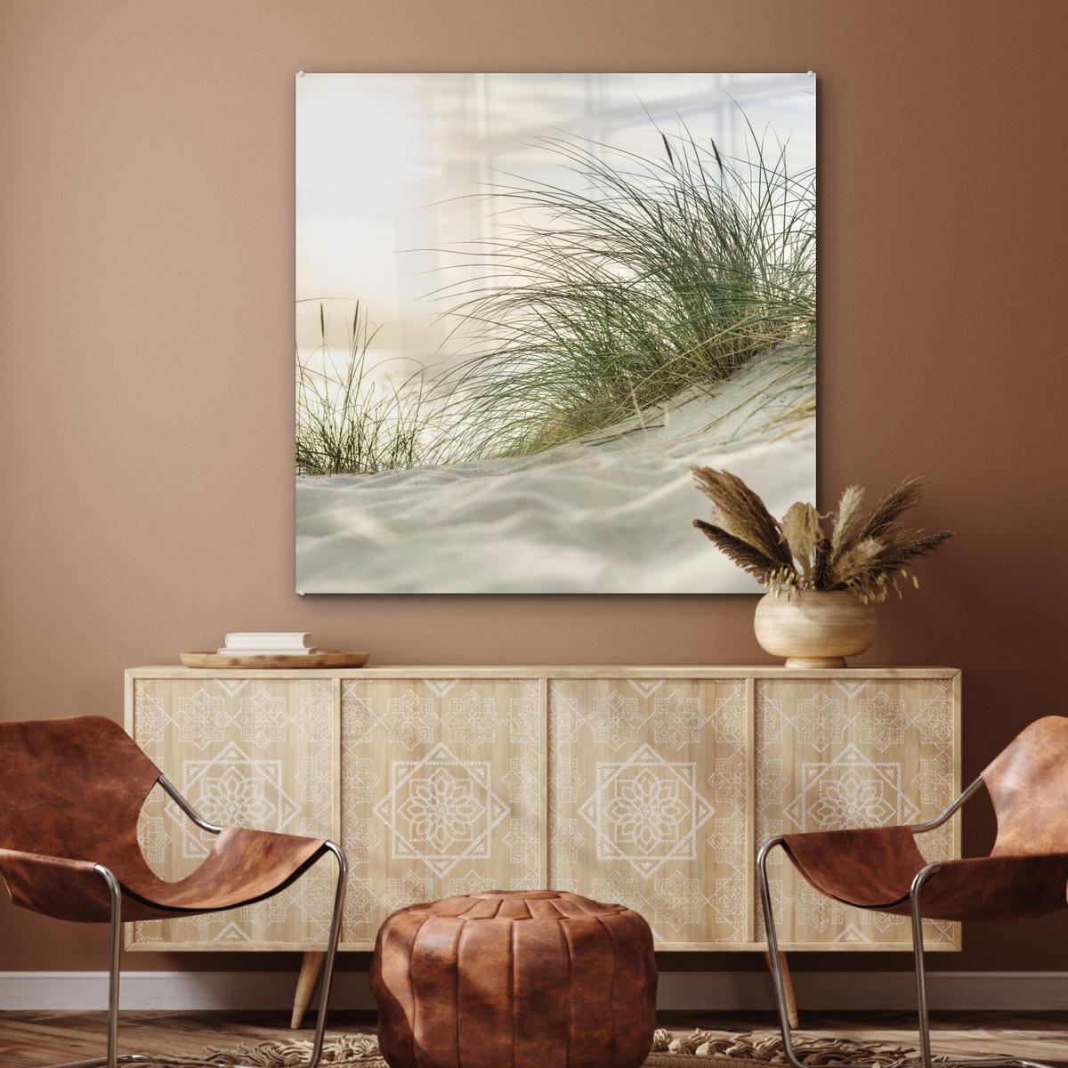 ACRYLGLASBILD Dünen mit Strandhafer in der Sonne des Nationalparks Schleswig-Holsteinisches Wattenmeer 90x90 cm - Creme, Glas (90/90cm) - MuchoWow