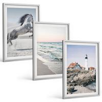 BILDER SET 3er Set - 40x60 cm Silberner Rahmen - Pferde, Strand, Leuchtturm, Wellen - Silberfarben, Kunststoff (40/60cm) - TULUP