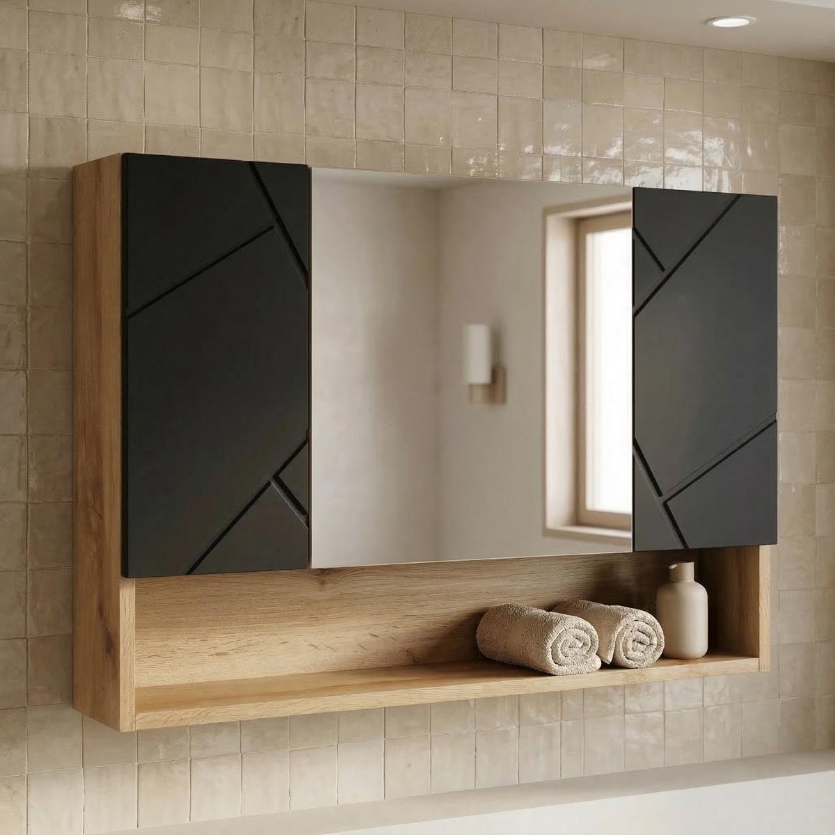 SPIEGELSCHRANK Manello 3 Türen Eiche mit Matt Schwarz - 80 x 17 x 60 cm - Eichefarben/Schwarz, Holz (80/60/17cm) - Badplaats