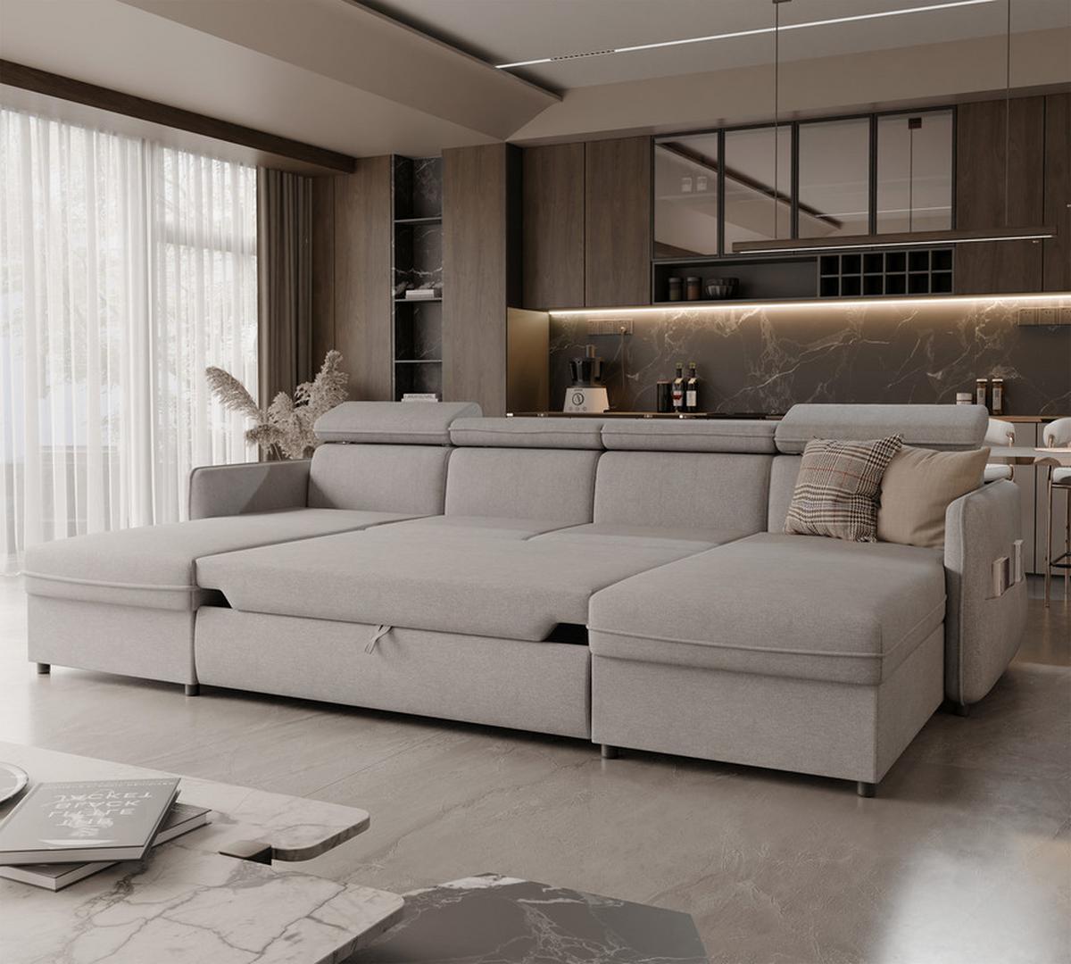 WOHNLANDSCHAFT BENI mit Schlaffunktion und Bettkasten Beige - Beige/Schwarz, Kunststoff/Textil (286/60/166cm) - Idohome