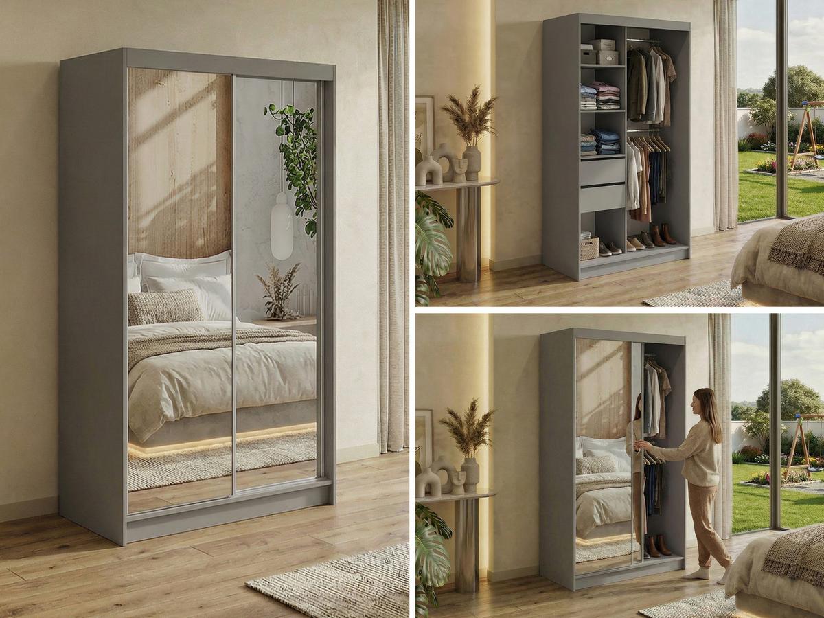 SCHWEBETÜRENSCHRANK mit Schubladen 120 - DUBROWNIK - Grau mit Spiegel - Alufarben/Grau, Holzwerkstoff/Metall (120/216/61cm) - MKS