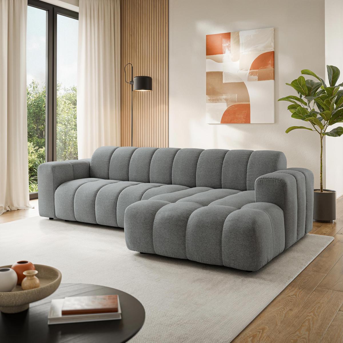 ECKSOFA SETIA Grau Strukturstoff mit Schlaffunktion - Grau, Holz (304/165cm) - MASSENO