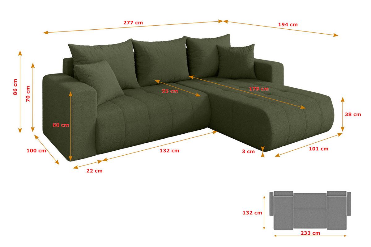 ECKSOFA mit Schlaffunktion Ottomane Rechts MILA-L 277x194x86 Grün Bouclé - Schwarz/Olivgrün, Holzwerkstoff/Kunststoff (277/194cm) - ALTDECOR