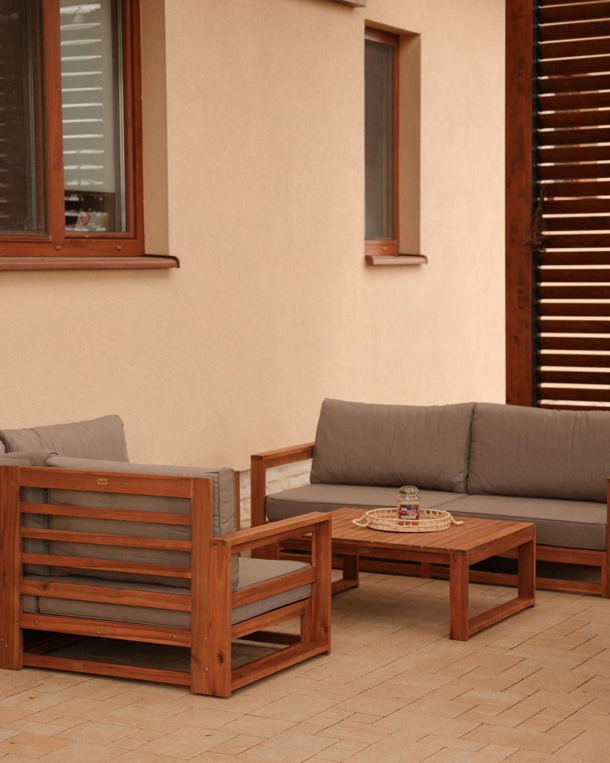 4-SITZER LOUNGE SET zertifiziertes Holz hellbraun Auflagen taupe Timor II - Taupe, Holz - Beliani