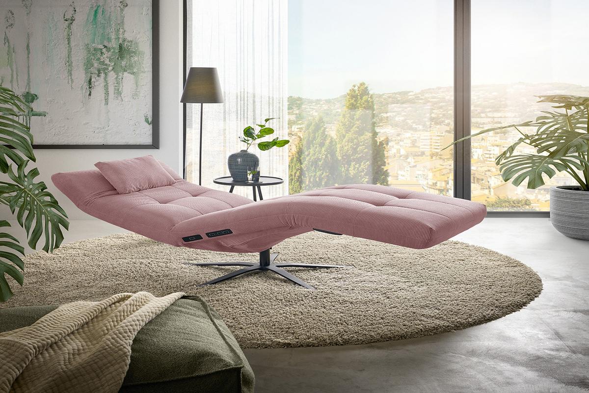 RELAXLIEGE LETICIA Pink Cord Drehbar (360°), Relaxfunktion - Schwarz/Rosa, Textil/Metall (82/115/156cm) - KAWOLA