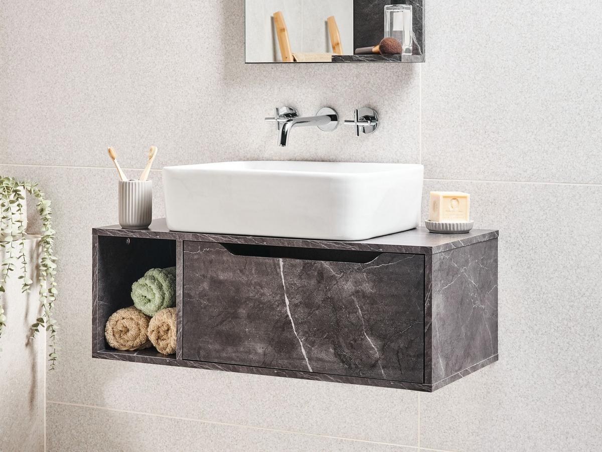 WASCHBECKENUNTERSCHRANK wandmontiertk 80 cm Schwarzer Marmor Cascavel - Schwarz, Holzwerkstoff (80/28/40cm) - Beliani