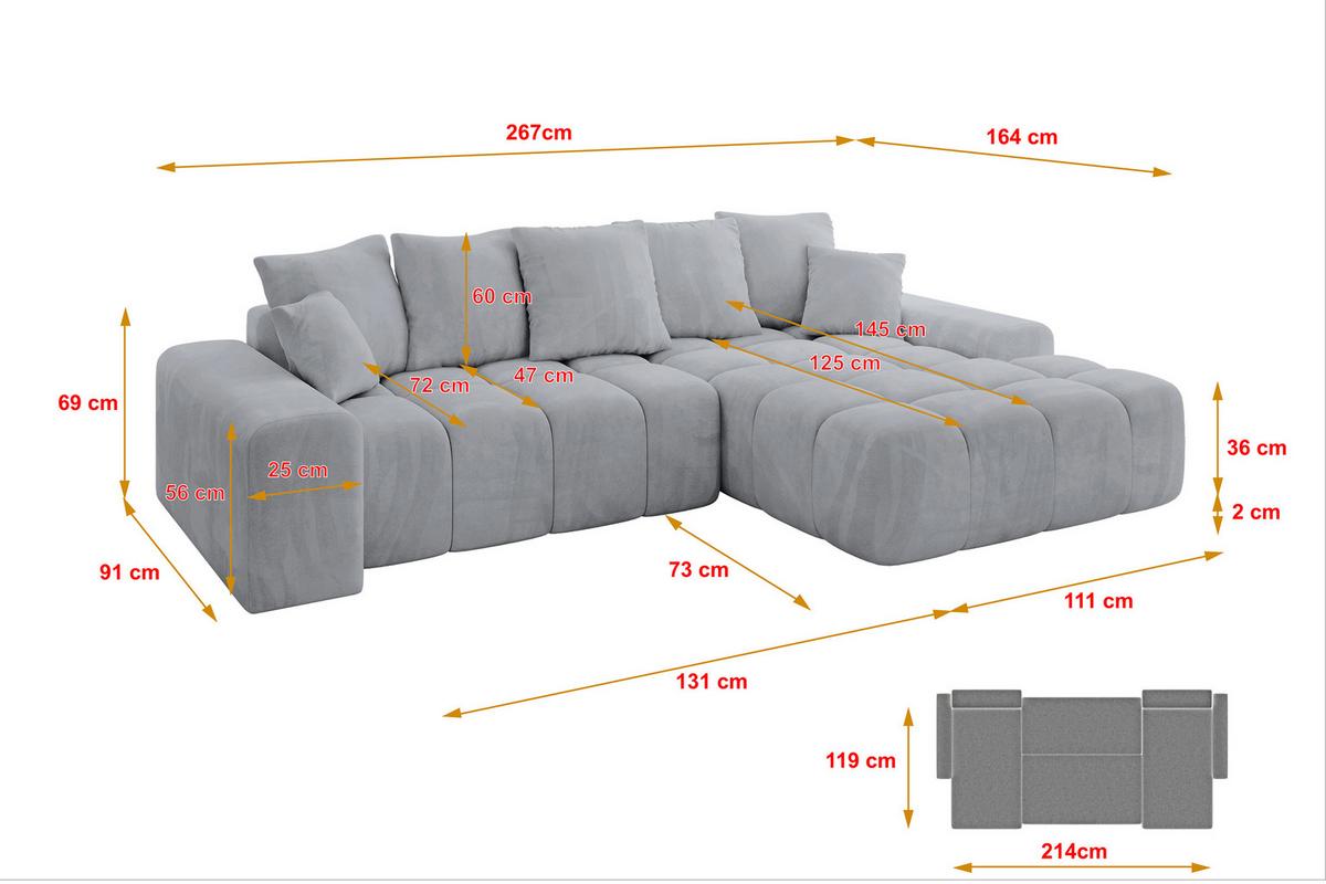 ECKSOFA Ottomane Rechts ENSI-L - 267x164x69 cm Titanfarben - Titanfarben, Holzwerkstoff/Kunststoff (164/267cm) - ALTDECOR