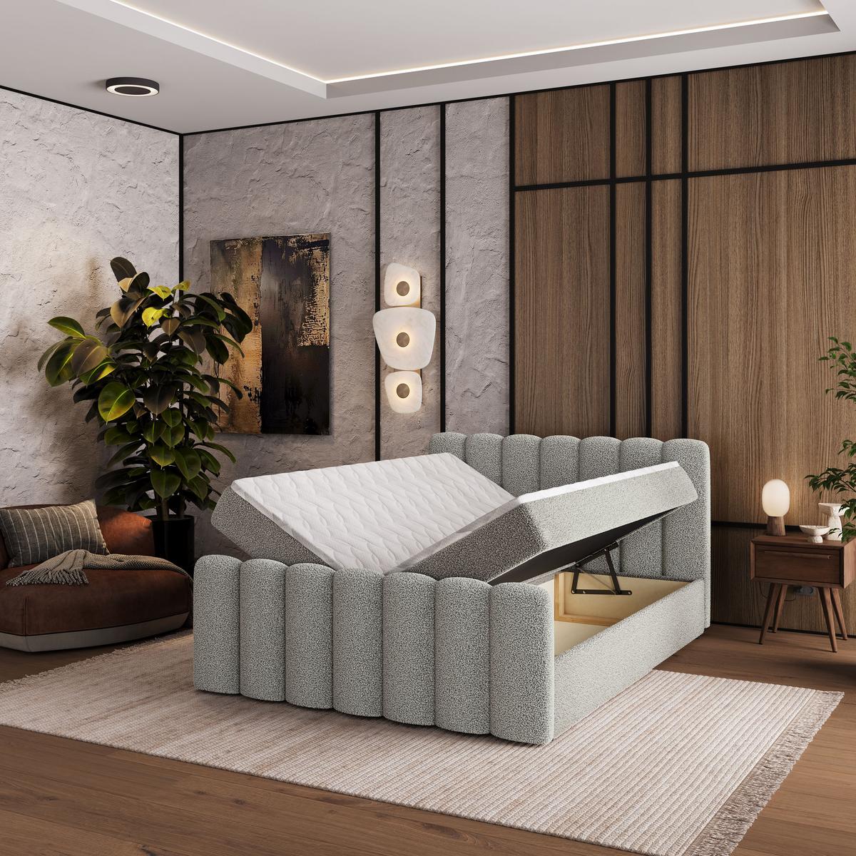 BOXBETT CELLA 140x200 cm mit Matratze und Topper - Hellgrau - Hellgrau, Holz (140/200cm) - MASSENO