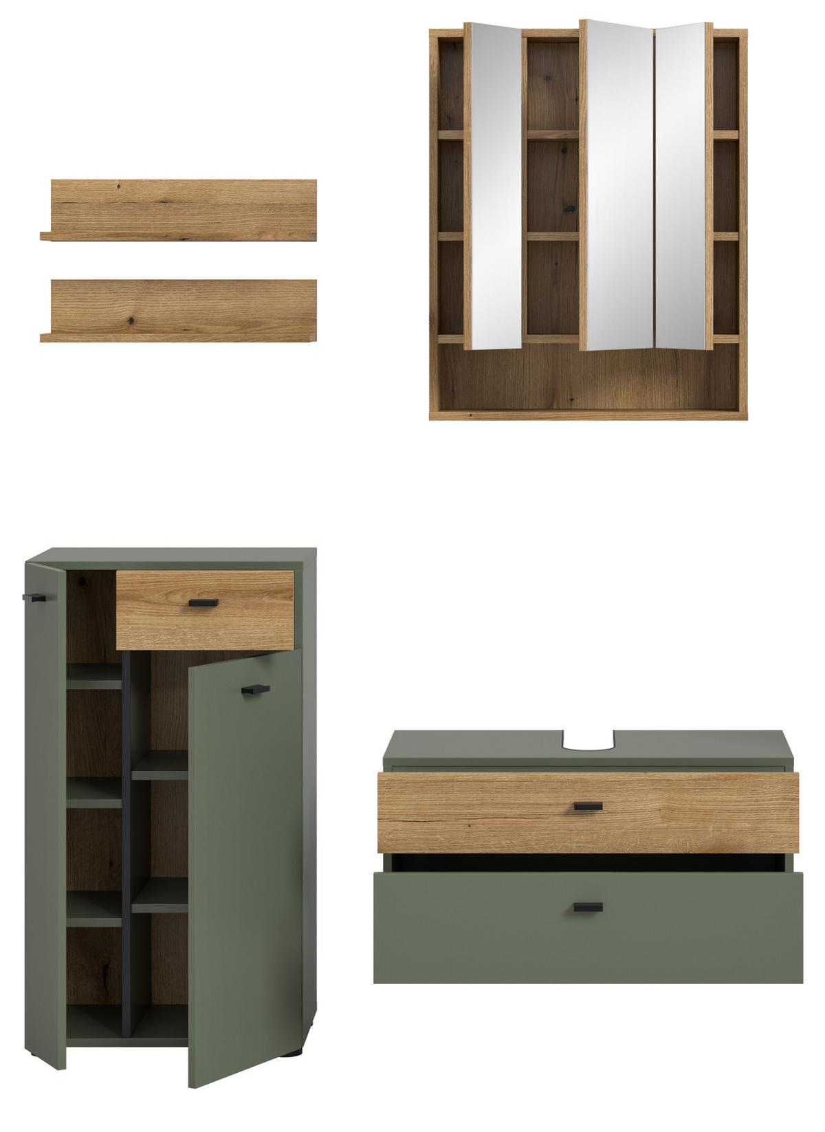 BADMÖBEL-SET grün, Evoke Eiche 5-teilig 141 cm, Komplettset in modernem Design - Eichefarben/Schwarz, Glas/Holzwerkstoff (141/191/35cm) - Inn.Furn
