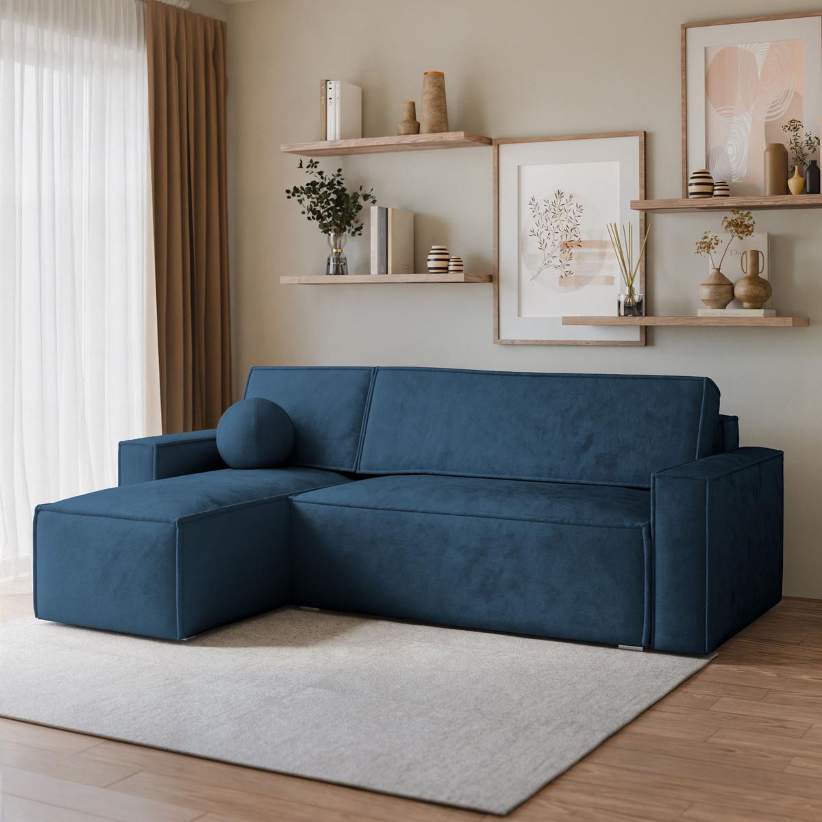 ECKSOFA RAVELO M Blau Velours-Stoff mit Schlaffunktion - Blau/Grau, Holz/Kunststoff (240/140cm) - MASSENO