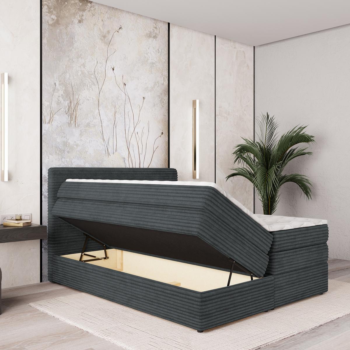 BOXSPRINGBETT LUNERA 180x200 cm mit Matratze und Topper - Grau - Grau, Holz (180/200cm) - MASSENO