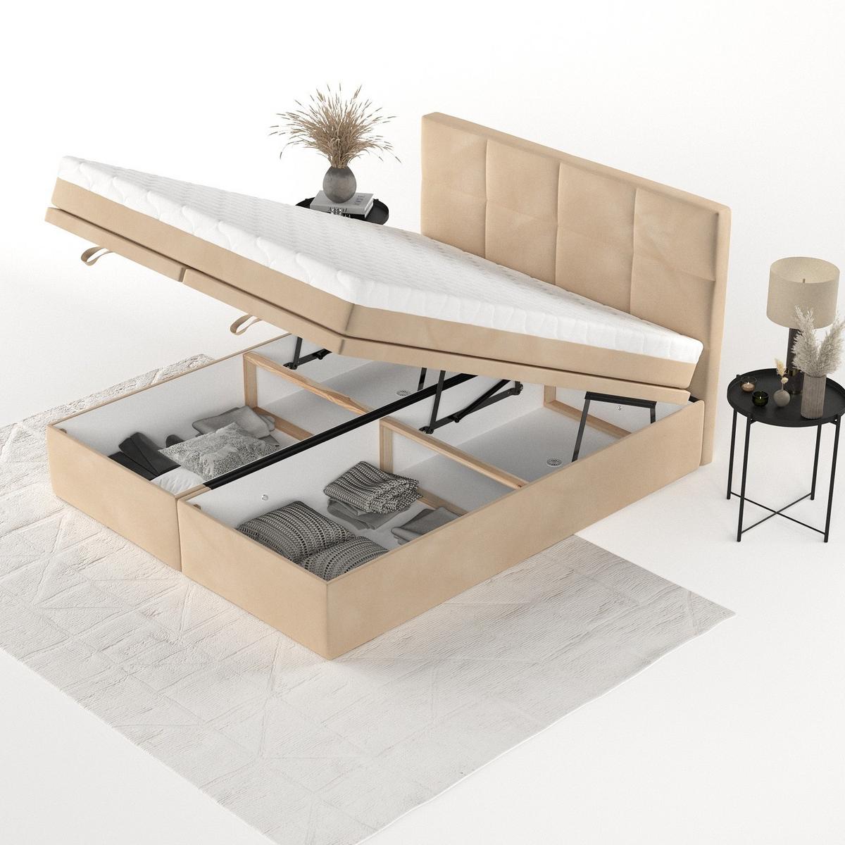 BOXBETT Tessa 140/200 cm Beige im Kronos Stoff - Beige/Schwarz, Holz/Holzwerkstoff (140/200cm) - AltaBeds