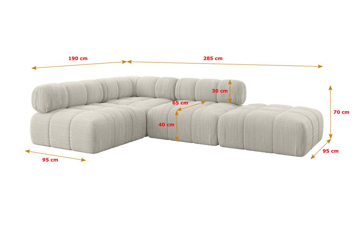 ECKSOFA modulares Sofa Favio-L1 - 285x190x70 cm Creme Cord - Hellgrau/Creme, Holzwerkstoff/Textil (285/190cm) - ALTDECOR