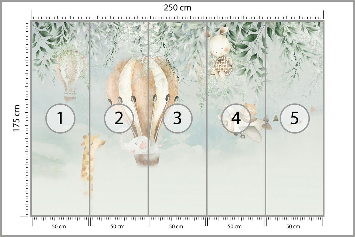 FOTOTAPETE für Kinderzimmer Tiere Wolken Ballons Giraffe Elefant 250x175 - Beige/Braun, Papier (250/175cm) - Muralo