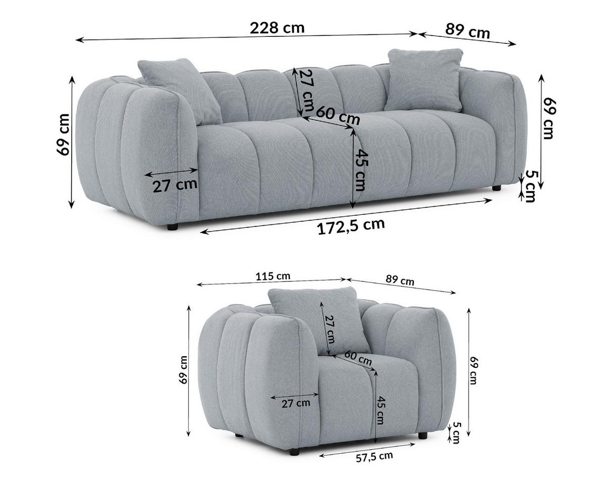SITZGARNITUR 3+1 Nubira in tief gesteppter Bubble-Optik aus weichem Grau Strukturstoff im modernen Design - Schwarz/Grau, Holz/Kunststoff (228/69/89cm) - S-Style Möbel