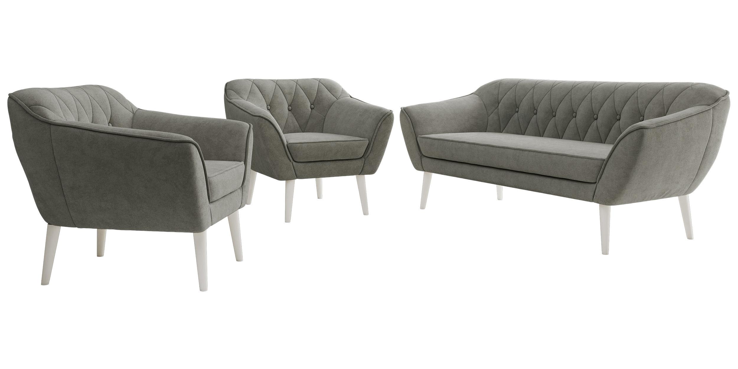 SITZGARNITUR PIRS 3+1+1 - Grau Strukture - Weiße Beine - Platinfarben/Weiß, Holzwerkstoff/Textil (180/75/74cm) - MKS