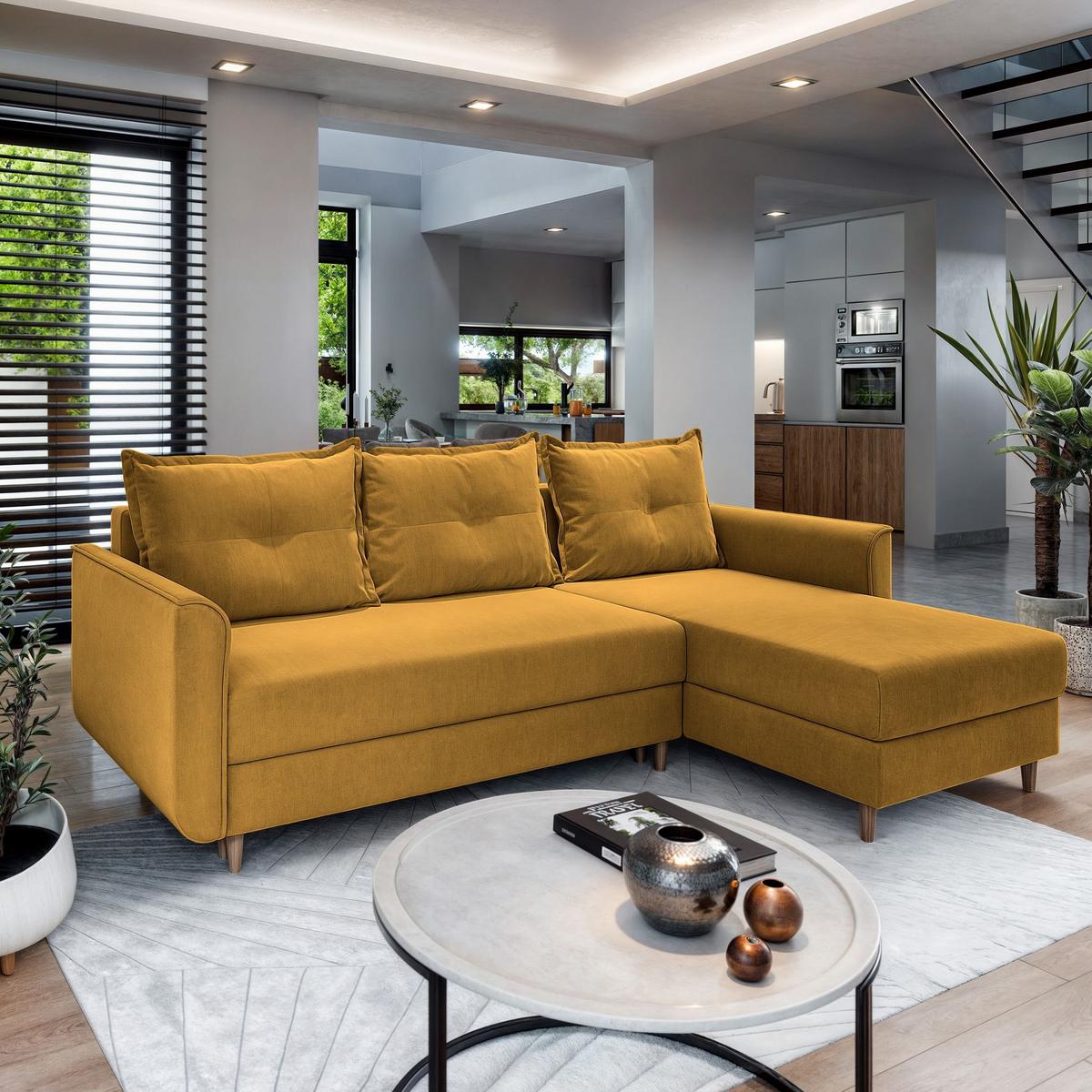 ECKSOFA PISAN R-S Gelb Plüsch-Stoff mit Schlaffunktion - Gelb/Braun, Holz/Textil (220/140cm) - MASSENO