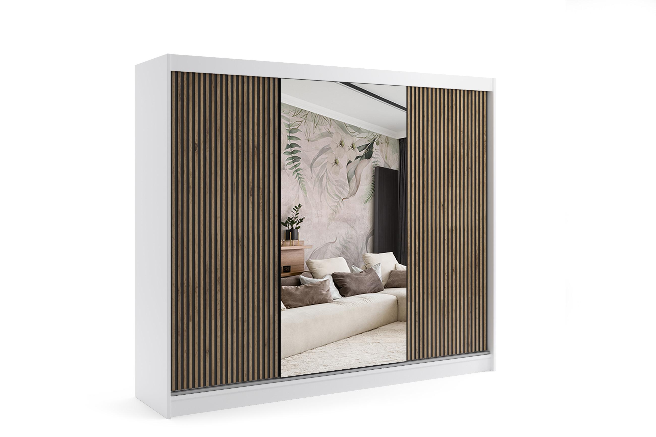 KLEIDERSCHRANK VILAN mit Spiegel - 250 cm - Weiß|Eiche Wotan - Eiche Wotan/Weiß, Holzwerkstoff (250/215/61cm) - ALTDECOR