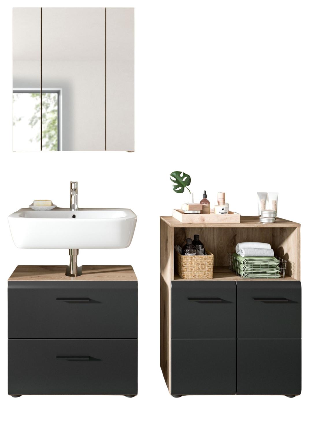 BADMÖBEL-SET 3-teilig schwarz matt, Eiche Nox, Badkombination mit Kommode, 135 x 185 cm - Eichefarben/Schwarz, Glas/Holzwerkstoff (135/185/30cm) - Inn.Furn