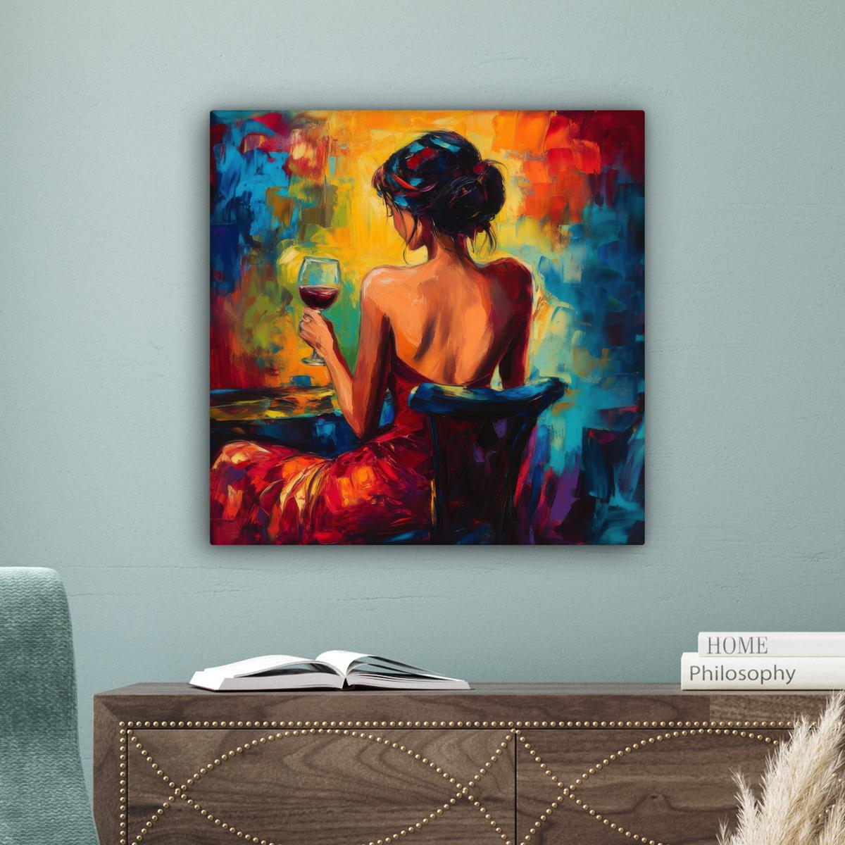 LEINWANDBILD Wein - Frau - Stimmungsvoll - Farbenfroh Wandbild Wohnzimmer 50x50 cm - Bordeaux, Textil (50/50cm) - MuchoWow