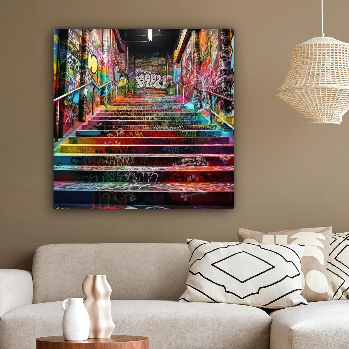 LEINWANDBILD Treppe - Graffiti - Farben - Kunst Deko Groß 90x90 cm - Multicolor, Textil (90/90cm) - MuchoWow
