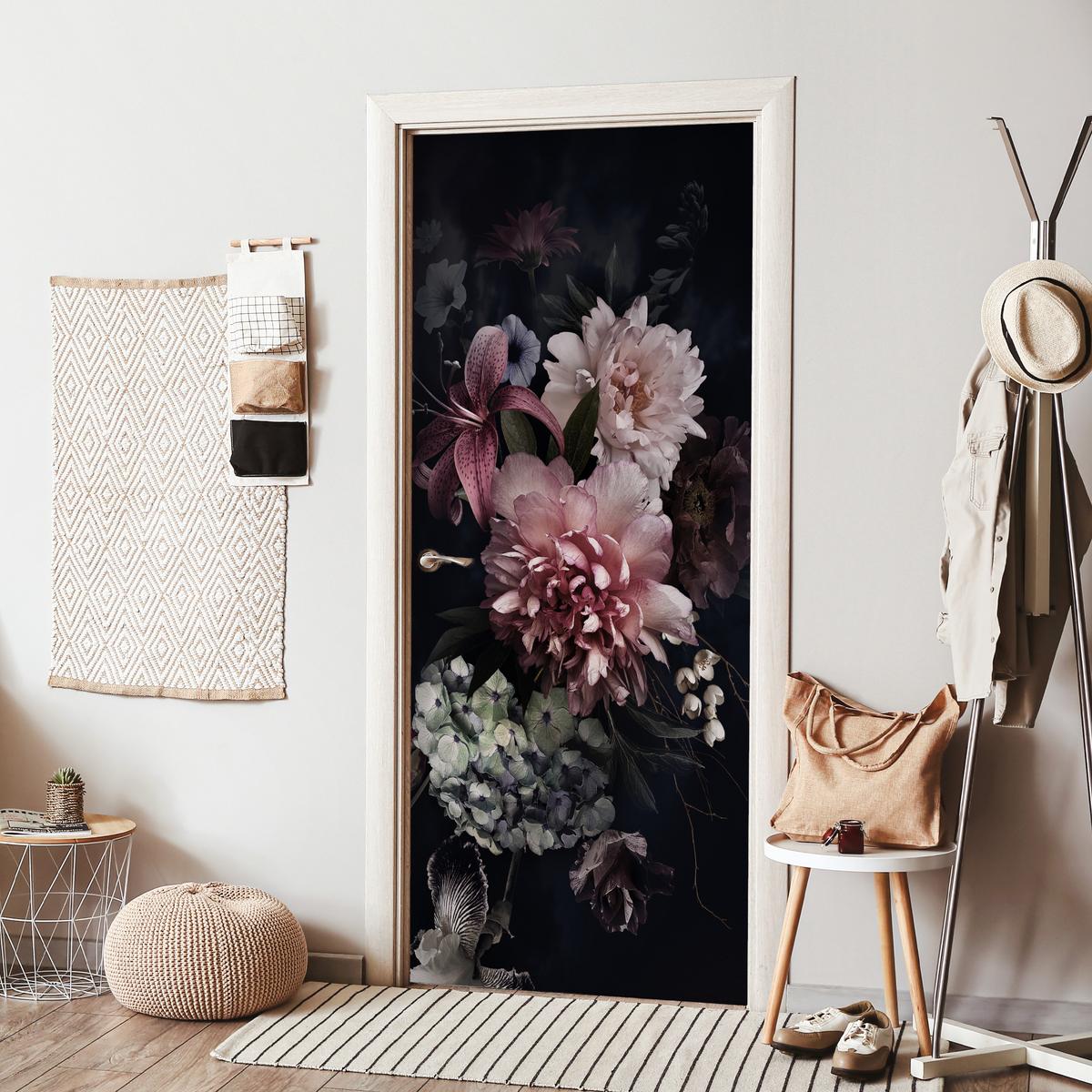 TÜRAUFKLEBER Selbstklebend - Blumen - Vintage - Pastell - Rosa - Weiß 95x215 cm - Türtapete - Altrosa, Kunststoff (95/215cm) - MuchoWow