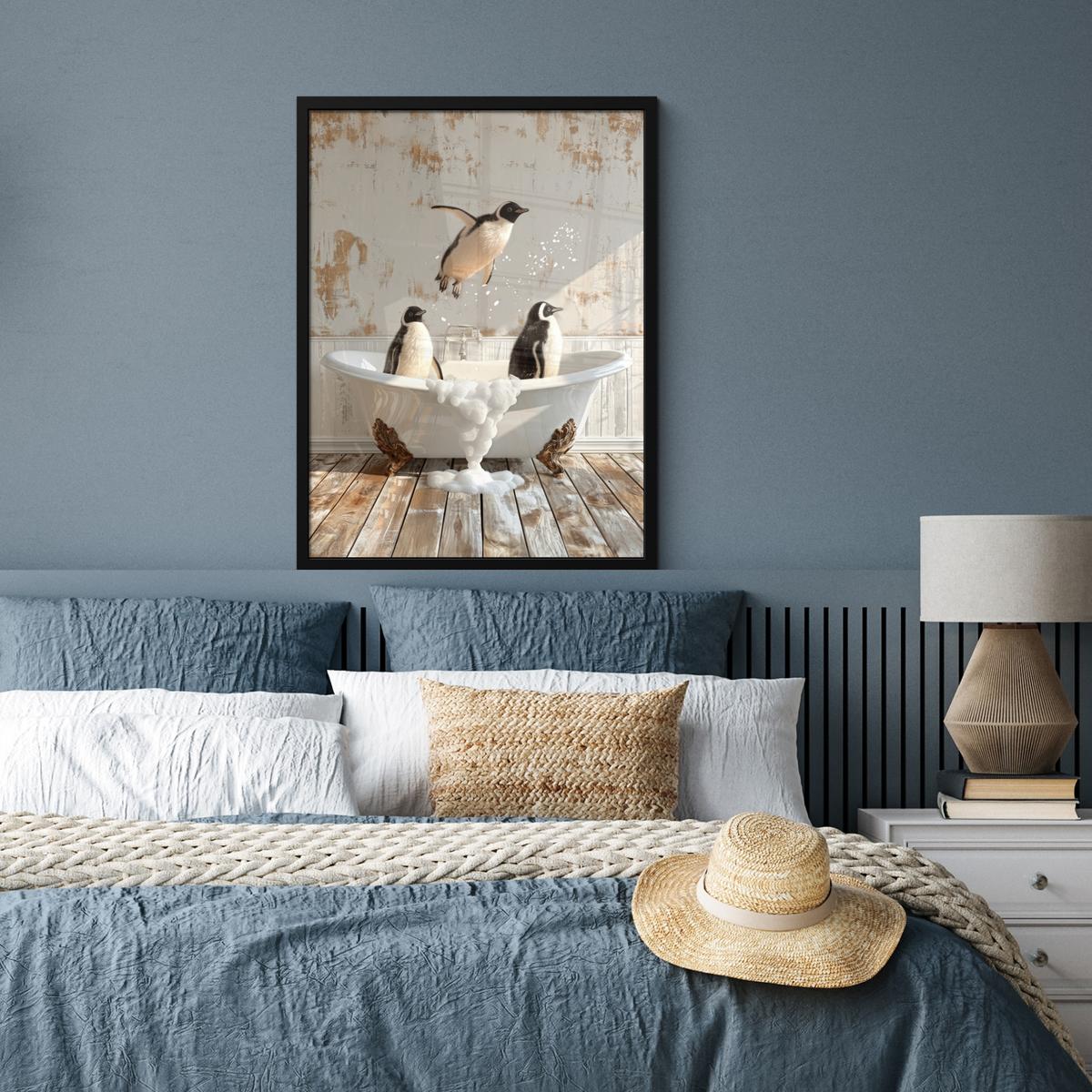 POSTER MIT RAHMEN Vintage - Pinguin - Badewanne - Schaumstoff Posterleiste 60x80 cm - Schwarz, Papier (60/80cm) - MuchoWow