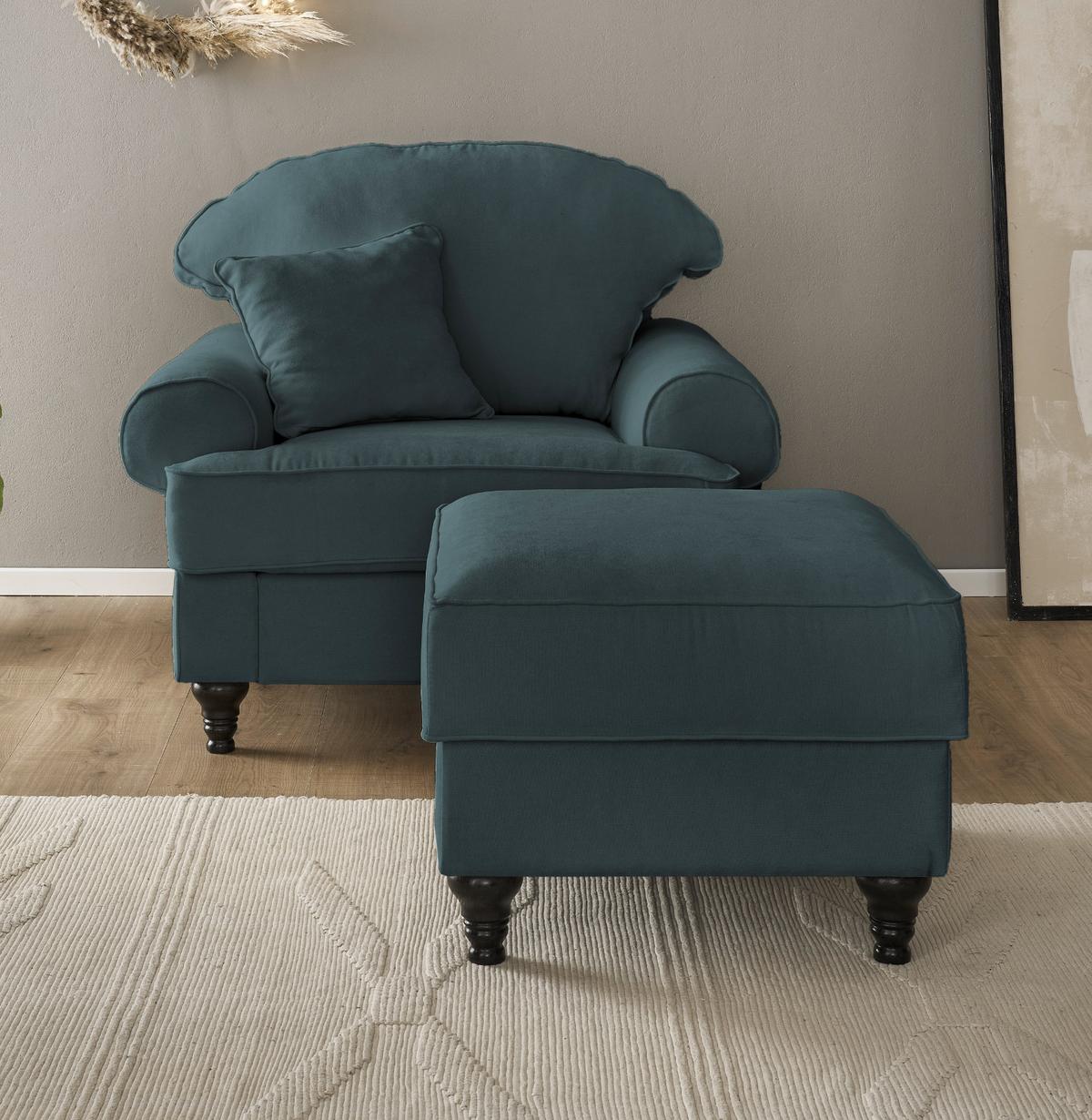SESSEL-SET blaugrün Landhaus, Loungesessel inklusive Hocker - Dunkelgrün/Braun, Holz/Textil (175/95/110cm) - Furn.Design