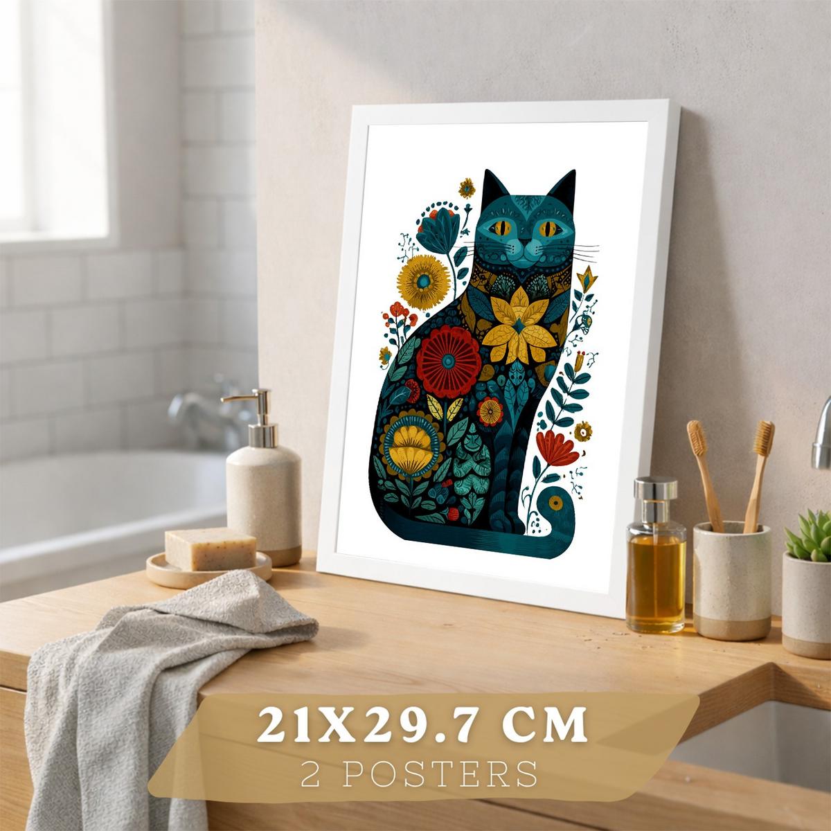 POSTER 2er-Set moderne Kunstdrucke im Folk-Stil, Katzen- und Eichhörnchen-Dekorationsbilder, farbenfrohe Blumenposter für Wohnzimmer Weißer Rahmen A4 - Weiß, Papier (29.7/21/3cm) - Nacnic