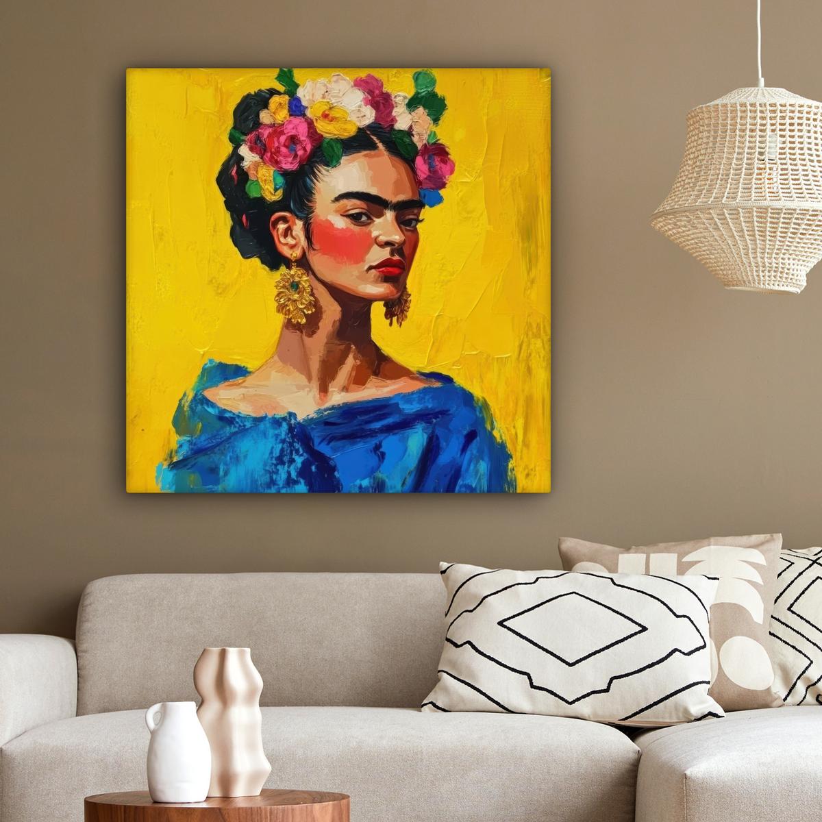 LEINWANDBILD Frida Kahlo - Frau - Gelb - Blau - Blumen Deko Groß 90x90 cm - Gelb, Textil (90/90cm) - MuchoWow