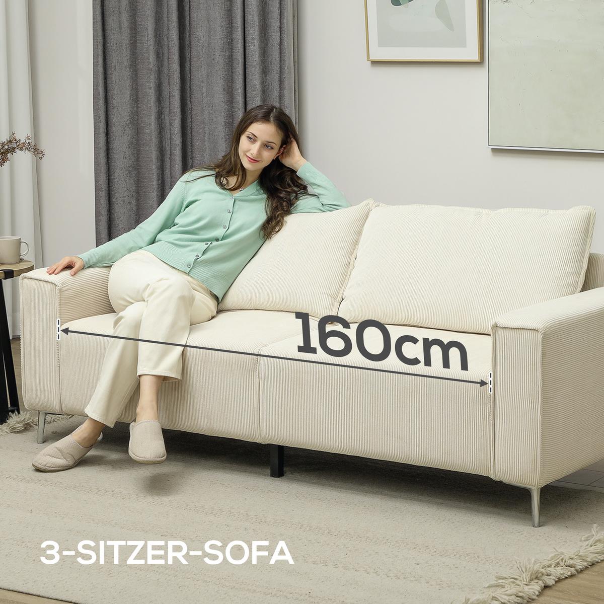 3-SITZER Sofa, Couch mit Armlehnen, Rückenkissen, für Wohnzimmer, Schlafzimmer - Silberfarben/Creme, Textil/Metall (77/80/193cm) - HOMCOM