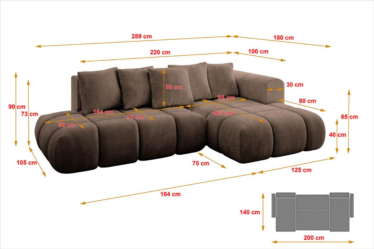 ECKSOFA Ottomane Rechts CLOUD-L-v1 280x185x90 Braun Velours - Braun, Holzwerkstoff/Kunststoff (185/280cm) - ALTDECOR