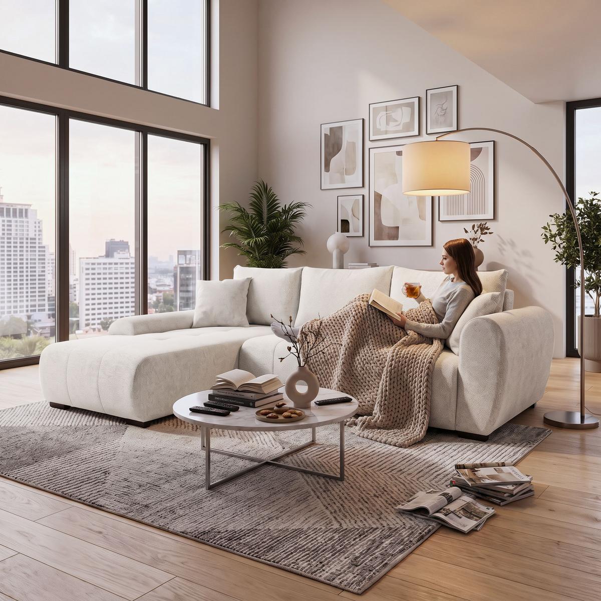 ECKSCHLAFSOFA Dallas mit Bettkasten, 255 cm, Creme, links, Velour-Stoff - Beige, Textil (255/175cm) - Beautysofa