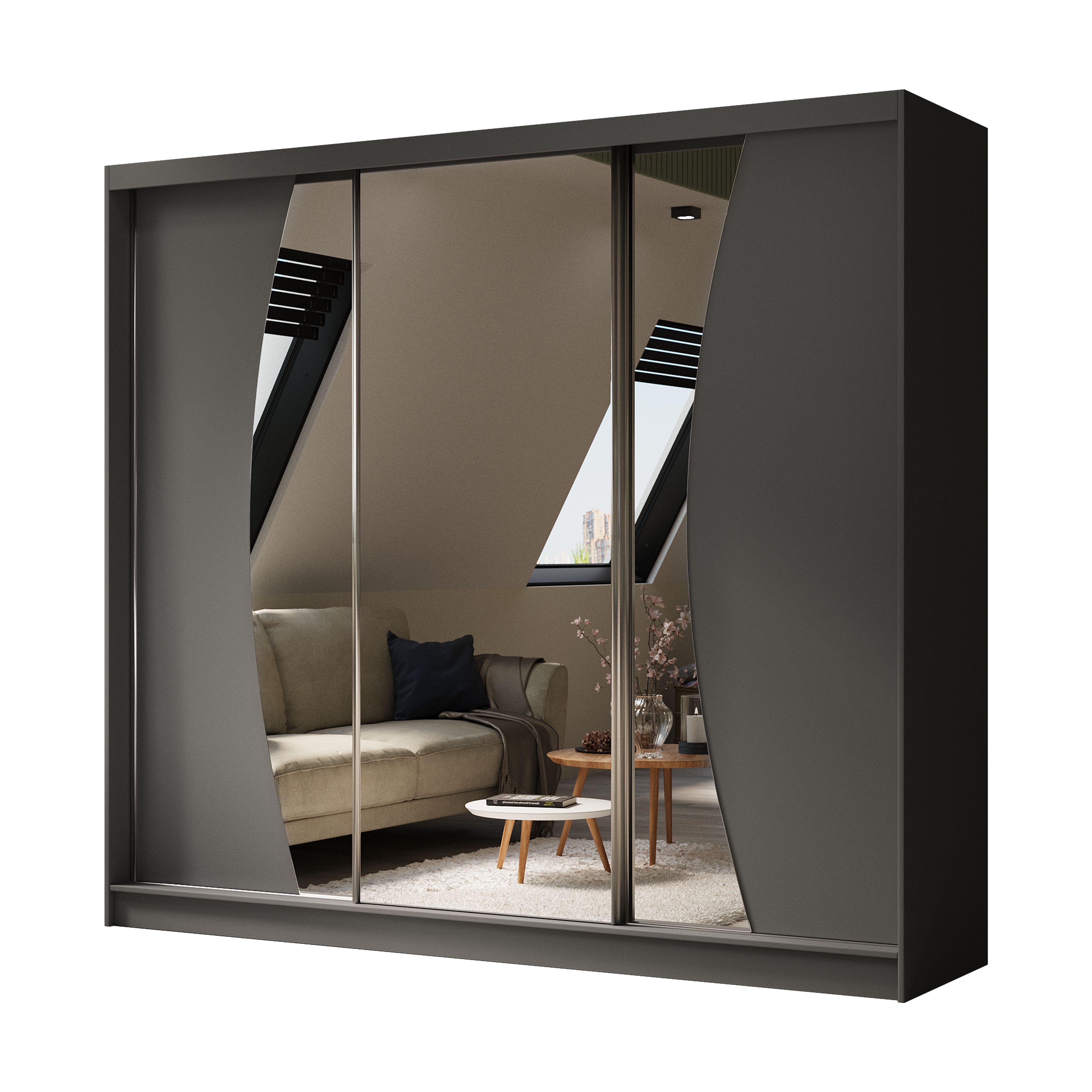 SCHWEBETÜRENSCHRANK VOCE 240/216/61 cm 3-türig mit Spiegel Grau - Grau, Holzwerkstoff (240/216/61cm) - MASSENO