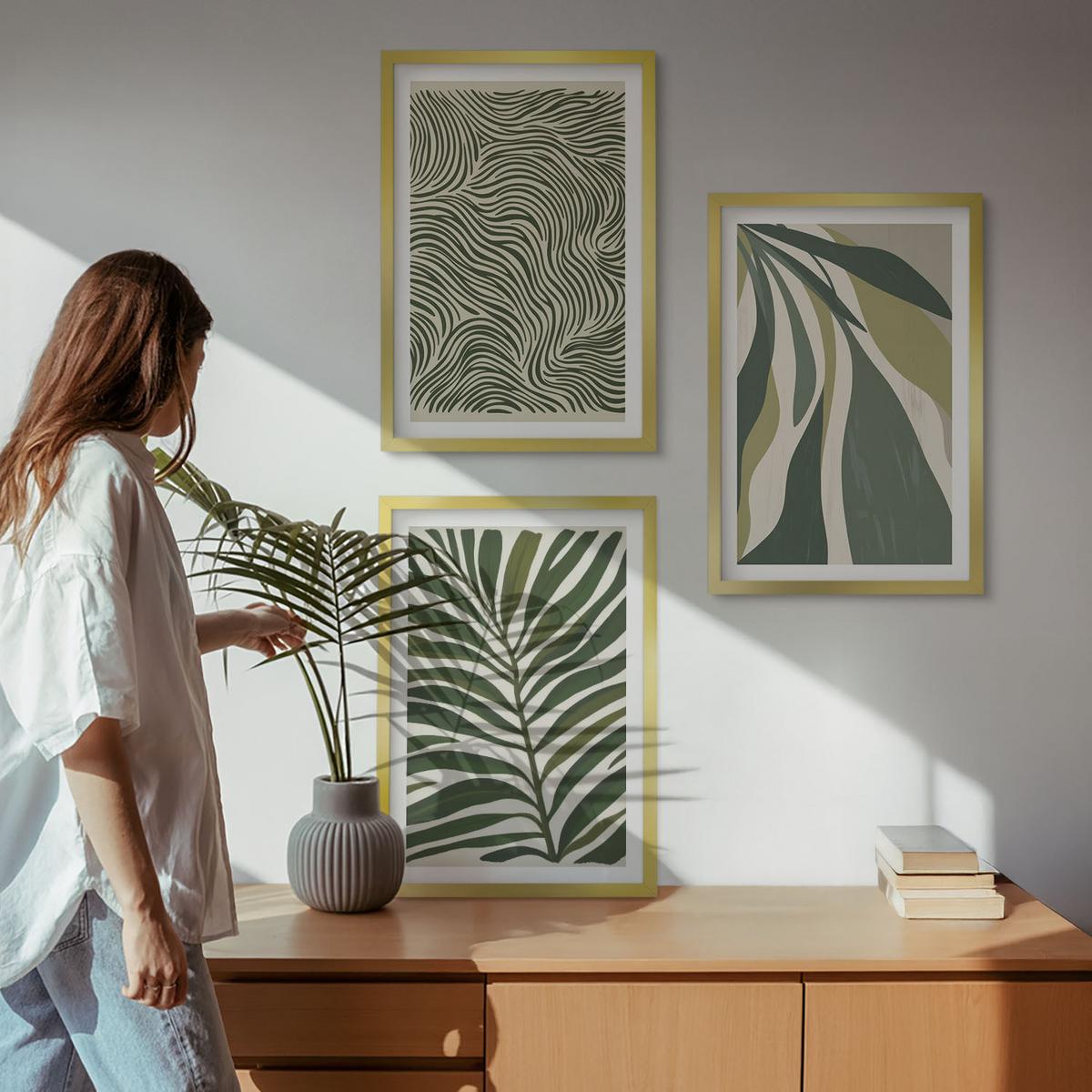 BILDER SET 3er Set - 40x60 cm Goldrahmen - Blätter mit wellenförmigen grünen Linien - Goldfarben, Kunststoff (40/60cm) - TULUP