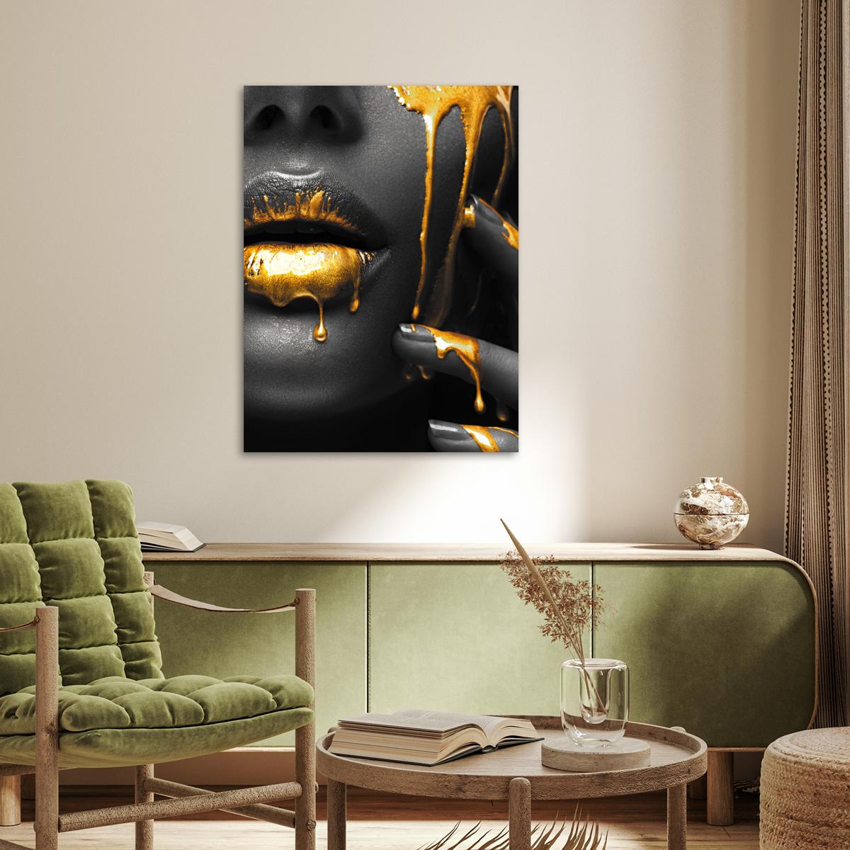 POSTER Frau - Schwarz - Gold - Gesicht - Lippen Deko Wohnzimmer 60x80 cm - Goldfarben, Papier (60/80/0.1cm) - MuchoWow