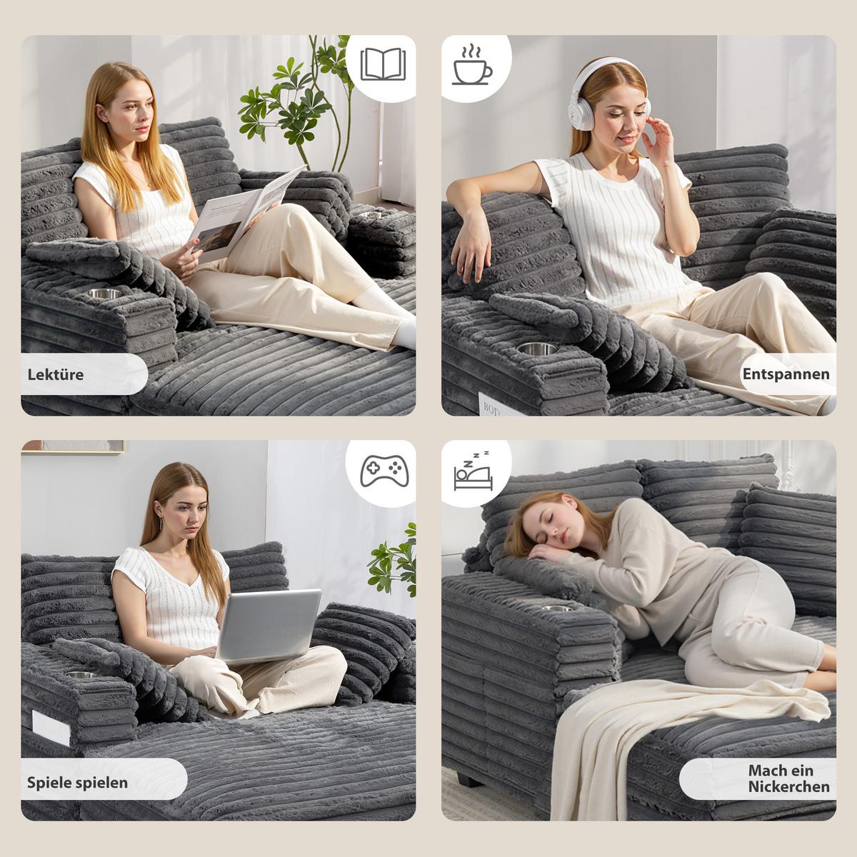 SCHLAFSOFA mit Getränkehalter 134/151/89 cm Grau - Schwarz/Grau, Kunststoff/Textil (134/89/151cm) - HOMCOM